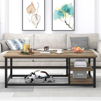 EXCEFUR Coffee Table with Storage Shelf, Modern Wood and Metal Center Table for Living Room, Rustic Oak, 47 Inch