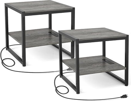 Homieasy End Table with Charging Station, 20 Inch Mini Fridge Stand with 2-Tier Open Shelf, Square Bedside Nightstand & Sofa Side Table for Small Spaces, Grey - 2 Pack