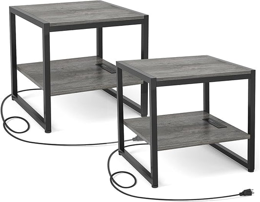 Homieasy End Table with Charging Station, 20 Inch Mini Fridge Stand with 2-Tier Open Shelf, Square Bedside Nightstand & Sofa Side Table for Small Spaces, Grey - 2 Pack