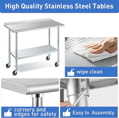 Stainless Steel Table for Prep & Work with Caster & Backsplash 24x48 Inches, NSF Metal Commercial Kitchen Heavy Duty Table with Adjustable Under Shelf and Table Foot for Restaurant, Home and Hotel