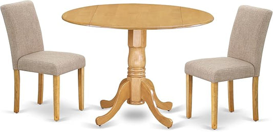 East West Furniture DLAB3-OAK-04 3 Piece Dining Room Furniture Set Contains a Round Dining Table with Dropleaf and 2 Light Tan Linen Fabric Parsons Chairs, 42x42 Inch, Oak