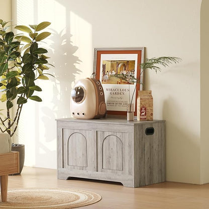 DINZI LVJ Storage Chest, 31.5”Wooden Toy Box with 2 Safety Hinges, Entryway Storage Bench with Flip-Top, Sturdy Storage Trunk for Living Room, Bedroom, Easy Assembly, Gray Wash