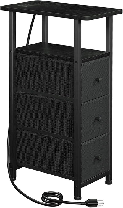 Narrow End Table Living Room with Charging Station, Skinny Side Table with Fabric Drawers, Slim Nightstand for Bedroom, Small Spaces, Couch, Black, HETNDP03BK-1