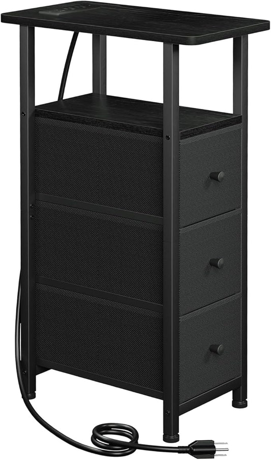 Narrow End Table Living Room with Charging Station, Skinny Side Table with Fabric Drawers, Slim Nightstand for Bedroom, Small Spaces, Couch, Black, HETNDP03BK-1