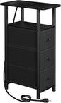 Narrow End Table Living Room with Charging Station, Skinny Side Table with Fabric Drawers, Slim Nightstand for Bedroom, Small Spaces, Couch, Black, HETNDP03BK-1