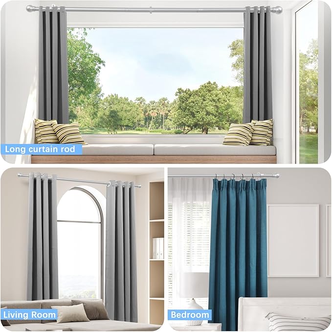 Curtain Rods for Windows 16 to 76 Inches, Curtain Rod Max Adjustable Length of 88 IN, 1" Diameter Drapery Rods Round Finials, Satin Silver, Pack of 2