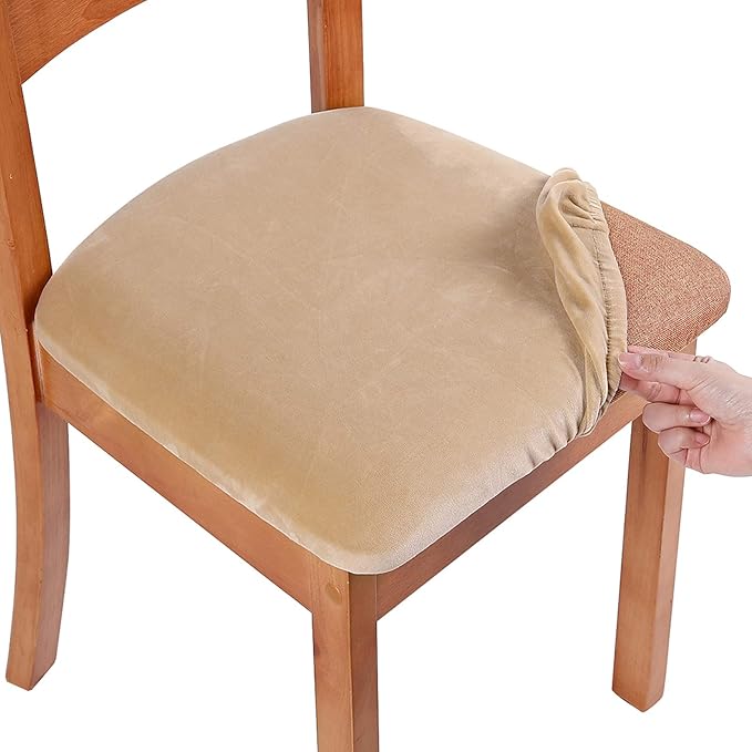 Smiry Velvet Seat Covers for Dining Room Chair Set of 6, Stretch Fit Removable Washable Chair Seat Cushion Protector Slipcovers with Ties, Beige