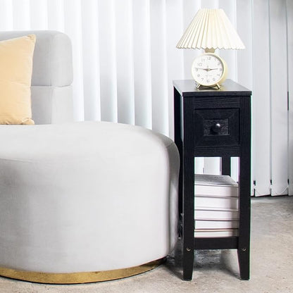 Narrow End Table, Black Side Table with Drawer, Slim Bed Side Table for Small Space/Night Stand Set of 1, Side Table for Couch