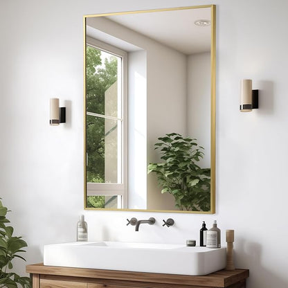 Gold Bathroom Mirror, 26"x38" Rectangle Mirror, Brushed Gold Mirror, Metal Frame Square Corner Vanity Mirror, Wall Mounted Mirror for Modern, Living Room, Bedroom, Horizontal Or Vertical