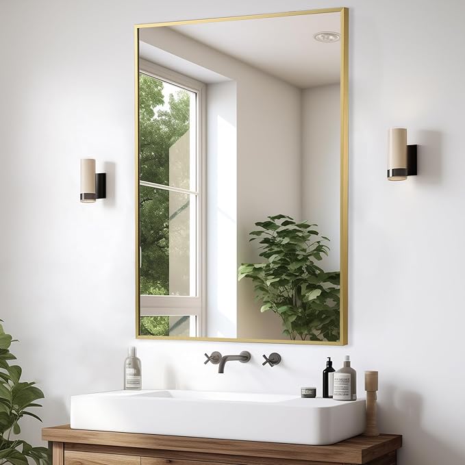 Gold Bathroom Mirror, 20"x28" Rectangle Mirror, Brushed Gold Mirror, Metal Frame Square Corner Vanity Mirror, Wall Mounted Mirror for Modern, Living Room, Bedroom, Horizontal Or Vertical