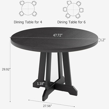 Round Dining Table for 4, 47 Inch Wooden Circle Dinner Table with Sturty Legs, 4 Parts of Tabletop, Round Pedestal Kitchen Tables for Dining Room, Kitchen, Living Room, Brown