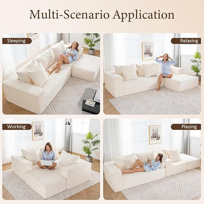 INGEROOM 108" Cloud Sectional Couch with L-Shape Chaise, Modular Sofa Memory Foam, Boneless Sofa with Movable Ottoman, Upholstered Couches for Living Room Bedroom, No Assembly Required, Beige