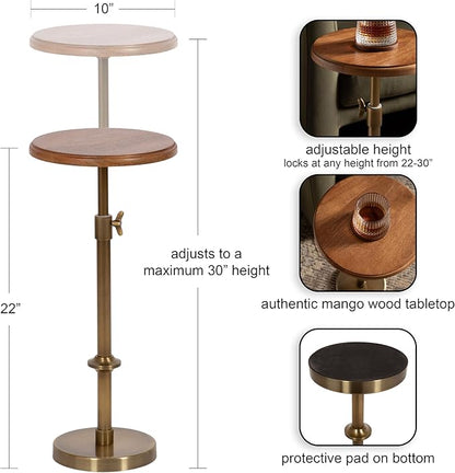 Kate and Laurel Engles Modern Adjustable-Height Pedestal Drink Table; 10 x 10 x 30; Walnut Brown and Brass; Mid-Century Round Indoor Metal Plant Stand with Solid Wood Tabletop