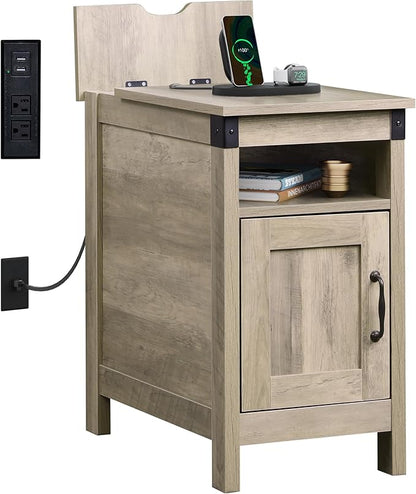 WLIVE Farmhouse End Table with Charging Station, Narrow Side Table for Living Room, Bedroom, Small Nightstand with Storage, USB Ports and Outlets, Small Wooden Cabinet, Greige
