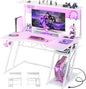 Armocity Gaming Computer Desk with Power Outlets, Gaming Desk with Hutch and LED Lights, Reversible PC Gaming Desk with Pegboard, Carbon Fiber White, 47"