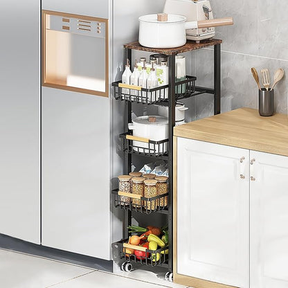 Kitchen Storage Cart Slim Rolling Cart On Wheels,5-Tier Skinny Kitchen Island Utility Organizer Storage Cart with Pull-Out Baskets and Wood Top,Mesh Fruit Basket Cart with Handle