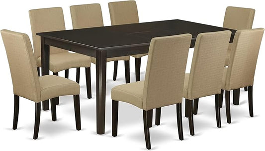 East West Furniture HEDR9-CAP-03 9 Piece Dining Room Table Set Includes a Rectangle Kitchen Table with Pedestal and 8 Brown Linen Fabric Parson Dining Chairs, 42x72 Inch, Cappuccino