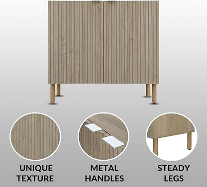 Sango Merk 2-Door Cabinet, Modern Brown Storage Cabinet with Vertical Groove Doors, Adjustable Shelf, Cylindrical Wood Legs, Discreet Metal Finger Pulls, Stylish Furniture for Living or Dining Room