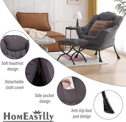 Large Lazy Chair with Ottoman, Accent Reading Chair with a Throw Pillow, Cozy Lounge Chair with Armrest, Leisure Sofa Chair for Living Room, Bedroom, Dorm, Shadow Grey