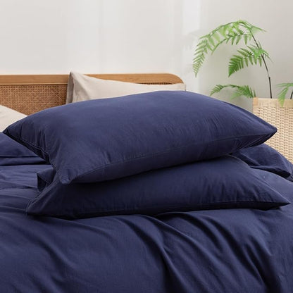 BESTOUCH Duvet Cover Set 100% Washed Cotton Linen Feel Super Soft Comfortable Chic Lightweight 3 PCs Home Bedding Set Solid Navy Blue Oversized Queen