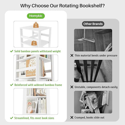 Homykic Rotating Bookshelf, Bamboo 360 Display Spinning Bookshelf Tower, 5-Tier Small Corner Bookcase for Small Spaces, Narrow Revolving Book Shelf Organizer Rack for Home Office, White