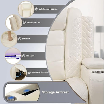 PU Leather Power Wall Hugger Chair Double Reclining Sectional Sofa 3-Seater Loveseat Couch with Reversible Coffee Table, Wireless Chargers, USB Port, Cup Holders, Storage Armrest, Ambient LED Light