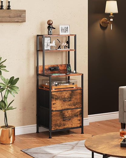 WLIVE Nightstand Set of 2 with Charging Station, LED Night Stand Sets with 2 Drawers and 4 Storage Open Shelves, Fabric Dressers for Bedroom, Rustic Brown