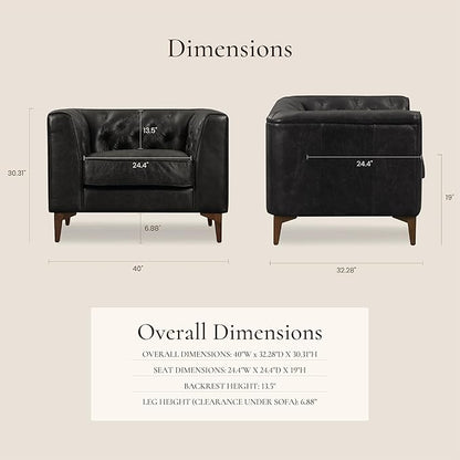 Poly & Bark Essex Lounge Chair - Leather Chair with Tufted Back - Full-Grain Living Room Armchair with Feather-Down Topper - Single Couch - Vintage Italian Leather in Onyx Black