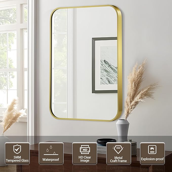 Matte Gold Mirror, 30x36 Inch Brushed Gold Mirror, Aluminum Alloy Framed Vanity Mirror, Rounded Rectangle Bathroom Mirror for Over Sink, Anti-Rust Wall Mirror (Horizontally or Vertically)