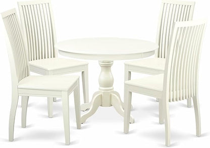 East West Furniture HBIP5-LWH-W 5 Piece Dining Room Table Set Includes a Round Dining Table with Pedestal and 4 Wood Seat Chairs, 42x42 Inch, Linen White