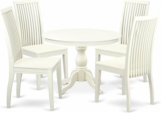 East West Furniture HBIP5-LWH-W 5 Piece Dining Room Table Set Includes a Round Dining Table with Pedestal and 4 Wood Seat Chairs, 42x42 Inch, Linen White