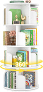 Rotating Bookshelf, Wood Corner Bookshelf, 360 Display Spinning Bookcase Storage Rack, 4 Tier Floor Standing Revolving Bookcase Narrow Book Shelf Organizer for Small Space, Bedroom, White