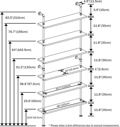 6 Tier Industrial Ladder Shelf Bookcase, Wall Mounted Rustic Bookshelf for Living Room Decor and Storage (Walnut Color, 6 Tier - 10" D x 48" W x 82.5" H)