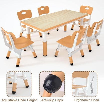 Kids Table and 6 Chairs Set，Height Adjustable Children Table & Chair，Toddlers Study Multi-Activity Table with 47.2"x23.6" Wipe-Clean Desktop，for Classrooms, Homes & Daycares