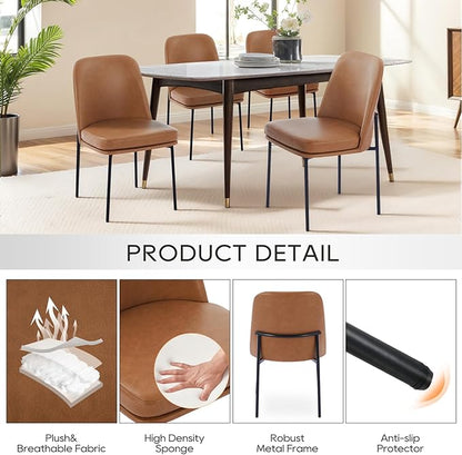 COLAMY Modern Dining Chairs Set of 2, Faux Leather Upholstered Kitchen Chairs with Curved Back & Metal Legs, Mid-Century Dining Room Chair (Brown)