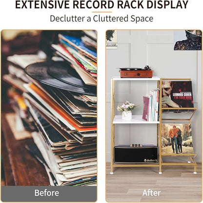 Record Player Stand with Vinyl Record Storage, Turntable Stand with 2-Tier Vinyl Display Shelf & Metal Frame, Vinyl Holder for Living Room, Gold & White