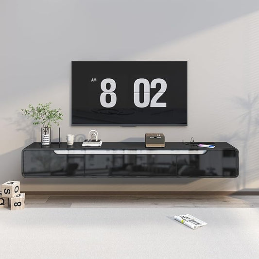 CENOVE High Gloss Floating TV Stand with 3 Doors,70.8'' Wall Mounted TV Cabinet,Under TV Console,Floating Media Shelft for Bedroom Living Room(Black