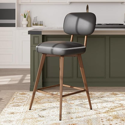 Swivel Bar Stools Set of 6, Mid Century PU Leather Counter Height Bar Chairs with Low Back and Metal Legs, Modern Bar Stool Chair for Kitchen Island, Black
