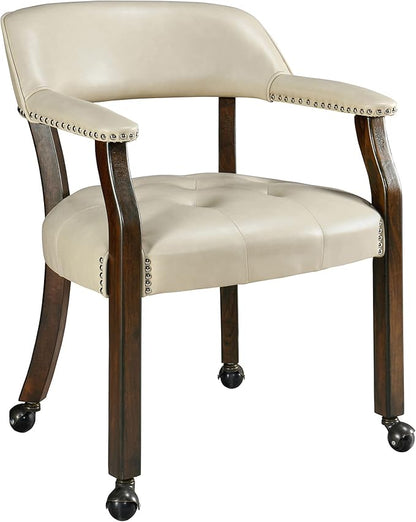 LEEMTORIG Large Dining Chairs with Casters and Arms, Rolling Dining Chairs with Wheels, Solid Wood Office Desk Chairs, 26“Dx25.2 Wx31.5“H, Espresso Legs & Beige PU, XXY-1910-BG