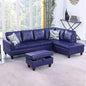 Blue L-Shaped 3-Piece Faux Leather Sofa with Storage Ottoman Set, Sectional Couch Sofa Set for Living Room, Office, Small Space