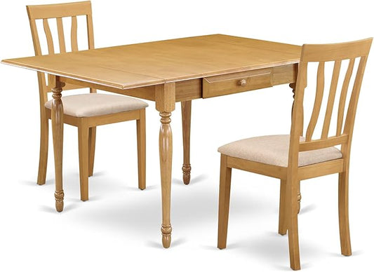 East West Furniture MZAN3-OAK-C 3 Piece Dining Room Table Set Contains a Rectangle Kitchen Table with Dropleaf and 2 Linen Fabric Upholstered Dining Chairs, 36x54 Inch, Oak
