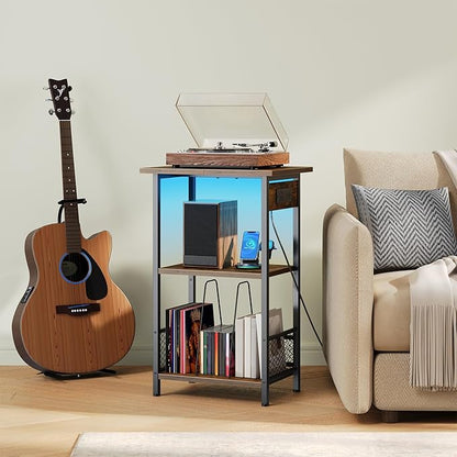 HOOBRO Record Player Stand with Charging Station and LED, Turntable Stand with Storage, 3 Tier End Table Hold Up to 100 Albums, Record Table for Vinyl, Living Room, Rustic Brown and Black BF06UDRS01