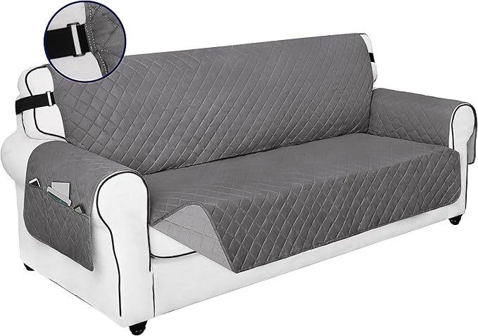 PureFit Reversible Sofa Couch Cover Water Resistant Couch Covers for 3 Cushion, Washable Furniture Cover with Non-Slip Foam and Adjustable Strap for Dogs, Pets (Oversized Sofa, Gray/Light Gray)