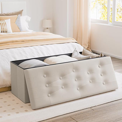 PRANDOM Jumbo Ottoman with Storage [1-Pack] Velvet Folding Small Square Foot Stool with Lid for Living Room Bedroom Coffee Table Dorm Beige 43x15x15 inches