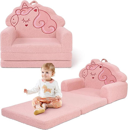 TinyPalsa Kids Couch, Convertible Sofa to Lounger Fold Out, Pink Unicorn Design Chair for Toddlers 1-3, Gift for Birthday, Movie Night