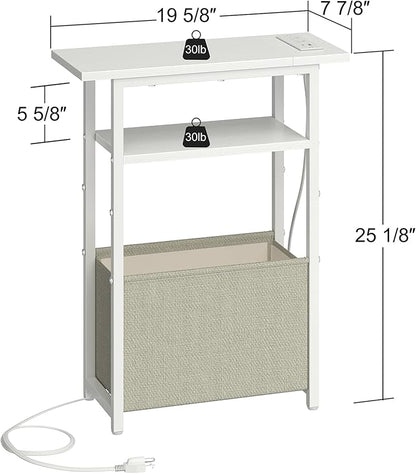 Narrow Side Table with Charging Station, LED End Table for Small Spaces, Skinny White Nightstands with Storage Basket, 3 Tier Sofa Bedside Tables for Living Room,Bedroom, White