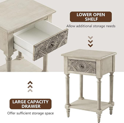 COSIEST Vintage Nightstand, MDF 2-Tier Bedside Table, Wood Accent End Table with Storage Drawer and Open Display Shelf for Bedroom Living Room