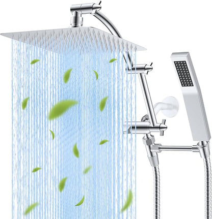 Hibbent All Metal 10'' Rainfall Shower Head, Dual Shower Head Combo, High Pressure Handheld Shower Wand, 16'' Adjustable Arc-shaped Shower Extension Arm, 71'' Hose, Showerhead Holder, Chrome