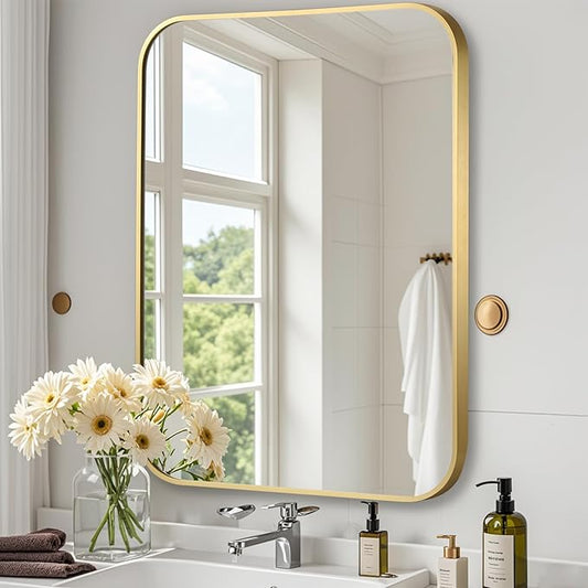 Brushed Gold Mirror, 20"x30" Rectangle Bathroom Mirror, Metal Frame Rectangle Corner Vanity Mirror, Wall Mounted Mirror for Modern, Living Room, Bedroom, Horizontal Or Vertical