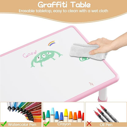 GarveeHome Kids Table and 6 Chairs Set, Height Adjustable Toddler Table and Chair Set, Graffiti Desktop, Children Study Play Dinner Table for Home Daycare Preschool for Ages 2-8, Pink